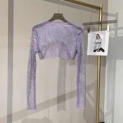 Bright diamond short top Slim thin Ms. hot drill long-sleeved T-shirt sexy leak waist nightclub