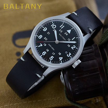 Baltany Men Quartz Field Watch S2082 10-Year Life Battery Luminous Leather Sapphire Stainless Steel Date Retro Military Watches
