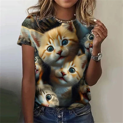 T-shirt 3D Printed Kawaii Cat Pattern Short Sleeved Round neck Top Summer Outdoor Casual Street Simple Clothing