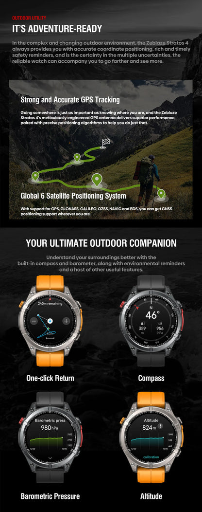 Zeblaze Stratos 4 GPS Smartwatch 1.43" AMOLED Screen Compass Barometric Altimeter Flashlight Voice Calling Smart Watch