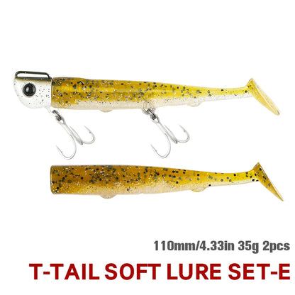 Jig Head Soft Fishing Lure 110mm 35g Long Casting Sea Bass Flounder Soft Body Swimbait Set With Saltwater Treble Hook