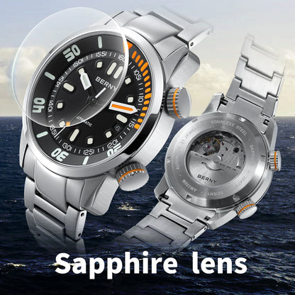 BERNY Automatic Dive Watch for Men Super Luminous Original Design 20ATM Diver Wristwatch Sapphire, Local Warehouse Fast Delivery