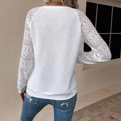 Solid Color Lace Long Sleeve Hollow Neck Casual Women's T-Shirt Top