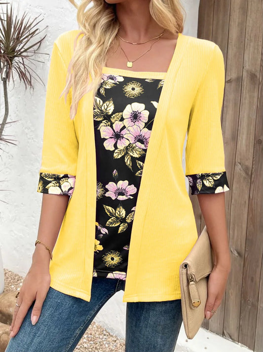 European,Clothes,Elastic,T-Shirt,Women,Chic,Sexy,Fake two pieces,Patchwork,Print,Tops,Half Sleeve,Loose,Tees,