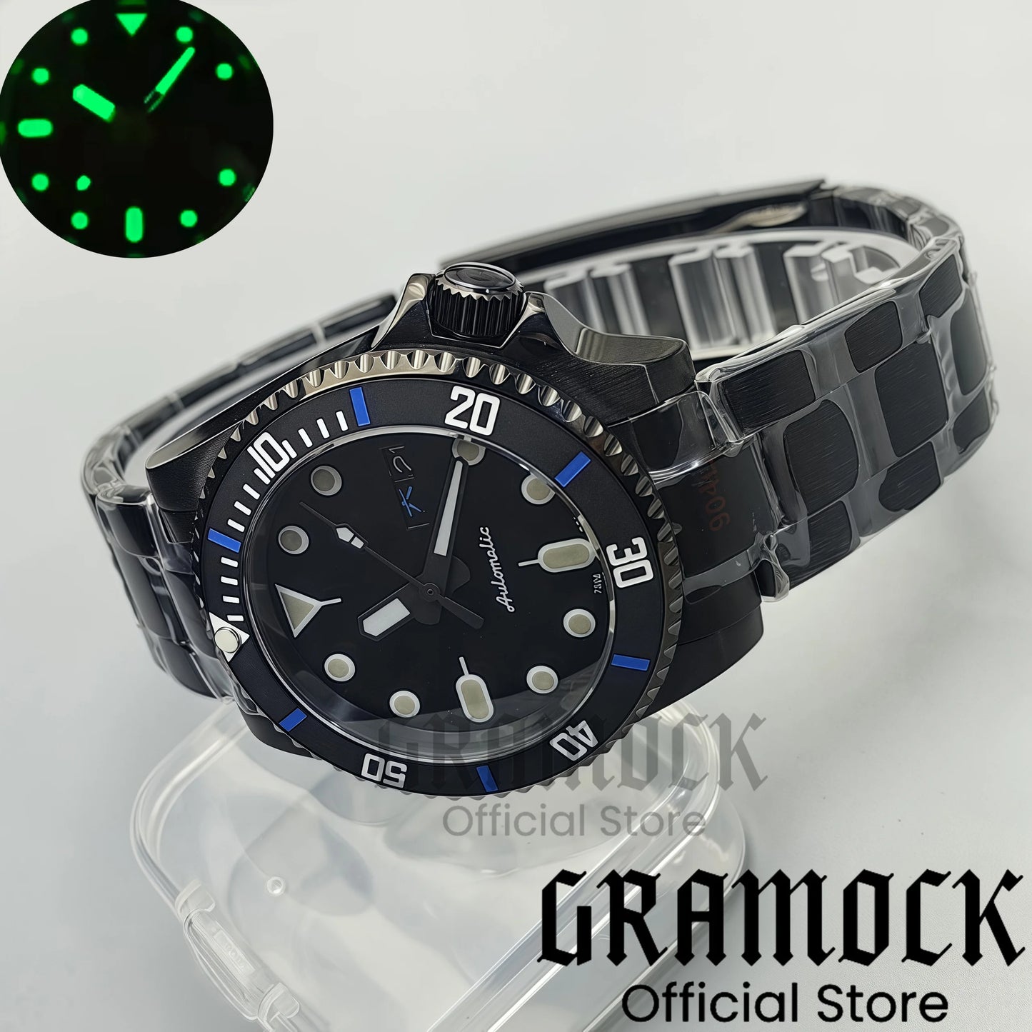 Gramock 40mm Men's Watch NH36 Movement Week-day Display Function Full Black Dial PVD Case Curved End Rubber Strap Waterproof