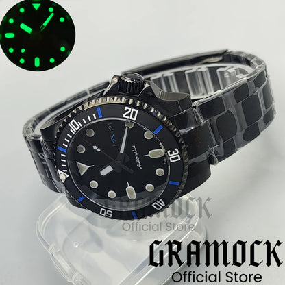 Gramock 40mm Men's Watch NH36 Movement Week-day Display Function Full Black Dial PVD Case Curved End Rubber Strap Waterproof