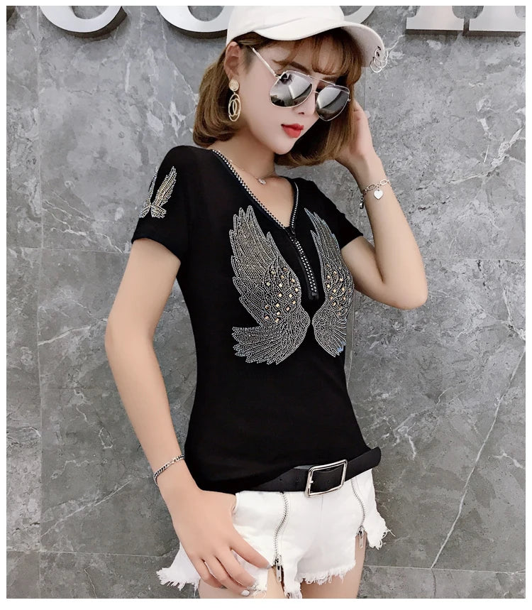 T-shirt For Summer Short Sleeve Pulovers Clothes Casual Aesthetic Cotton Tops Sexy V Neck Zipper Diamonds Tees