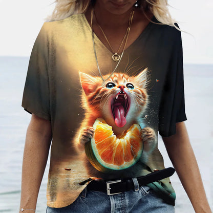 T-shirt Kawaii Cat Print 3D T Shirt Top Girls Y2k Clothing Summer Short Sleeve Tees V-neck Casual Holiday Female T-shirt