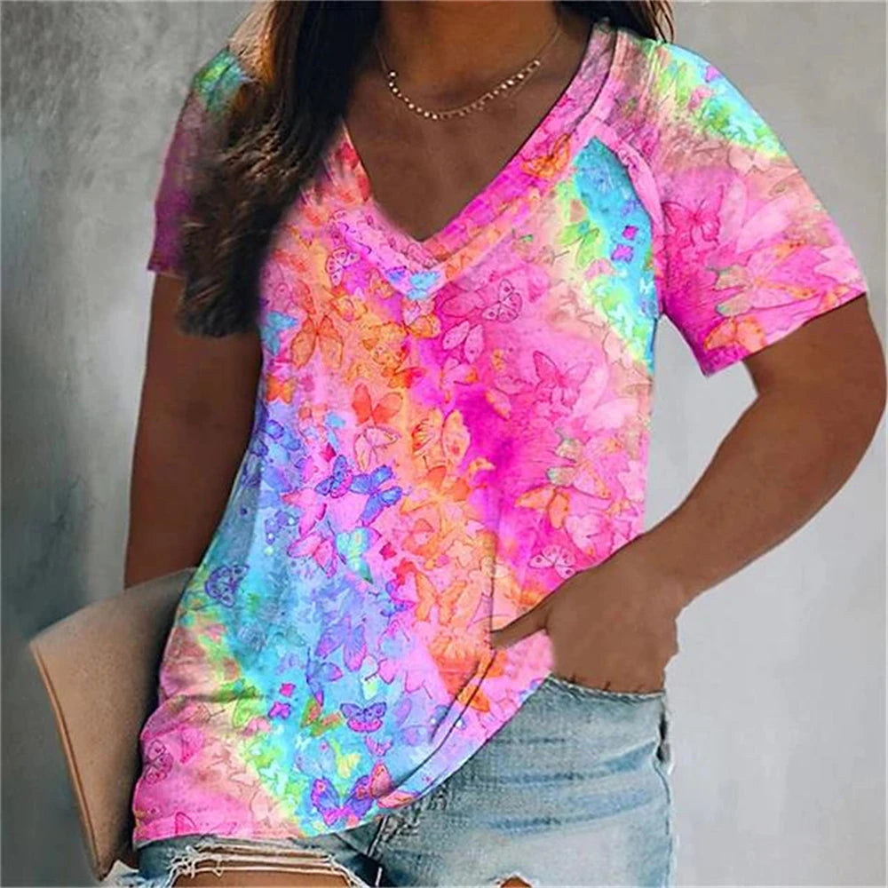 T Shirts 3d Butterfly Print Short Sleeve V-neck Tops Tees Summer Fashion Casual Gradient Girls Oversized Pullover