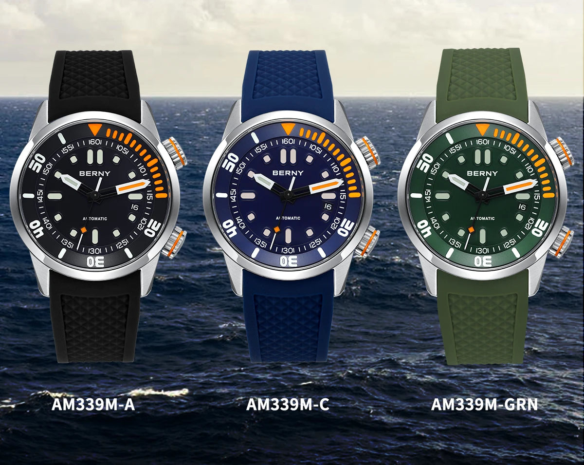 BERNY Automatic Dive Watch for Men Super Luminous Original Design 20ATM Diver Wristwatch Sapphire, Local Warehouse Fast Delivery