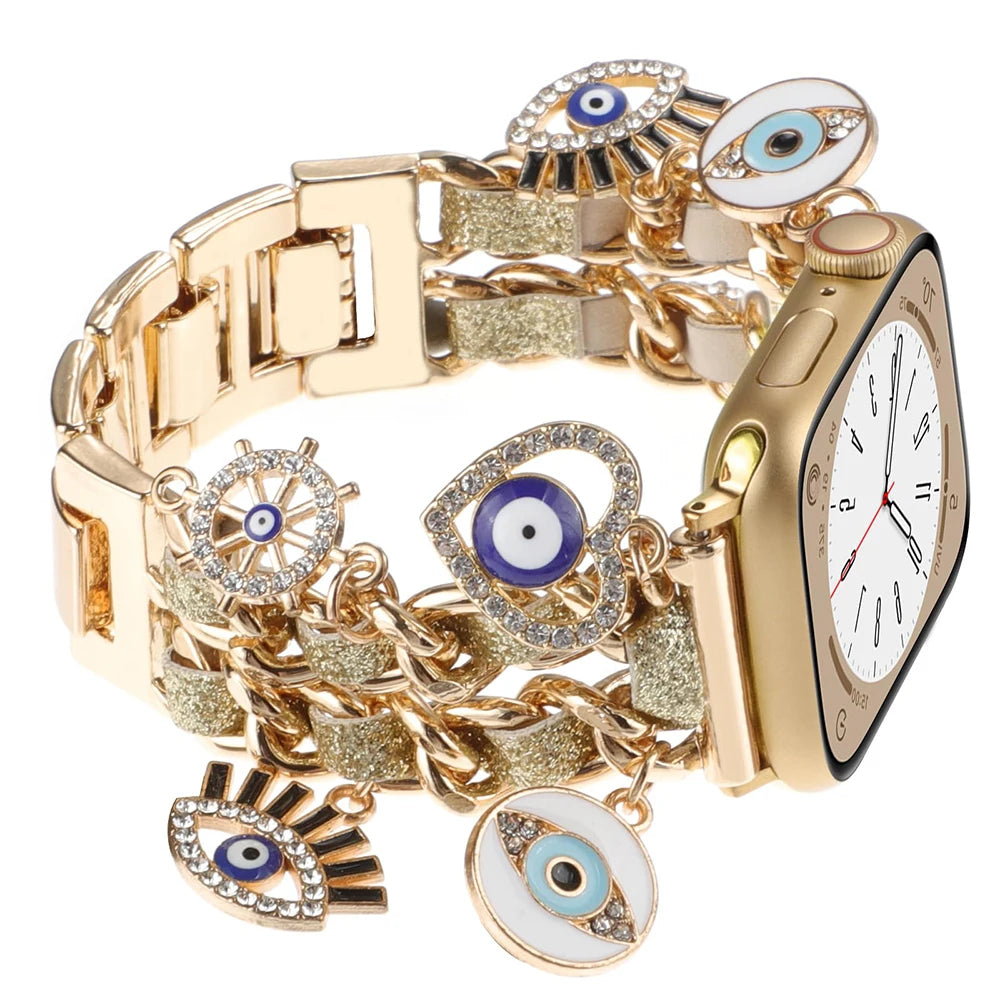 Stylish Metal Charms Watch Strap Compatible with Apple Watch Bands 38/40/41/42/44/45/49mm Replacement Strap with Unique Pendants