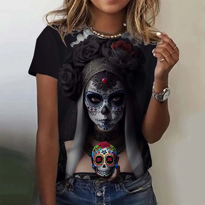 T-shirt for Girls Summer Short Sleeve Casual Sexy Girls Clothes Horror Undead Skull Pattern oversized T-shirts