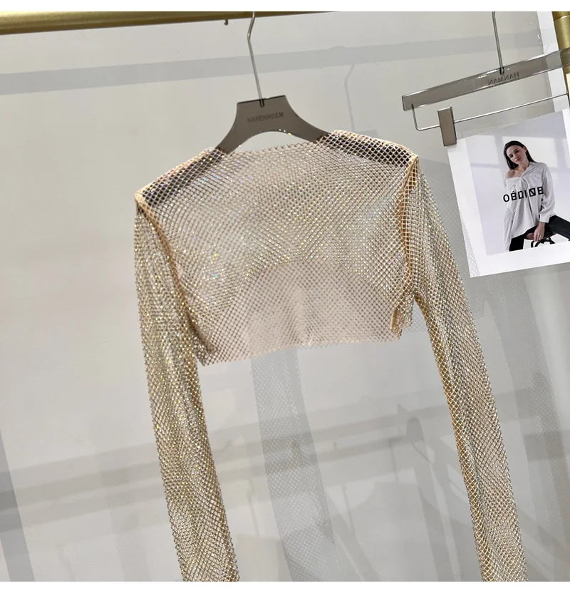 Bright diamond short top Slim thin Ms. hot drill long-sleeved T-shirt sexy leak waist nightclub