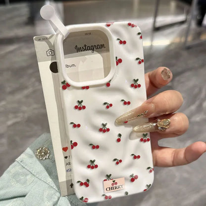Cute Cherry Folds Texture Phone Case For iPhone 17 16 15 14 13 12 11 Pro Max 16 15 Plus Candy Color Shockproof Soft Back Cover