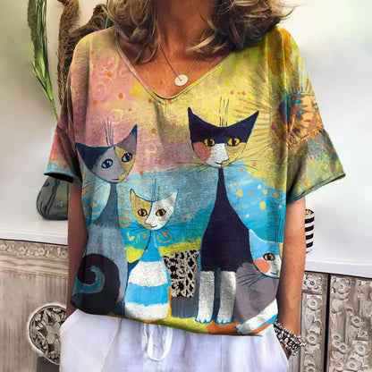 Women T Shirts Cartoon Cat Graphic Girls Clothing Large Size V Neck Short Sleeve Tee Summer Fashion Casual Female Clothing