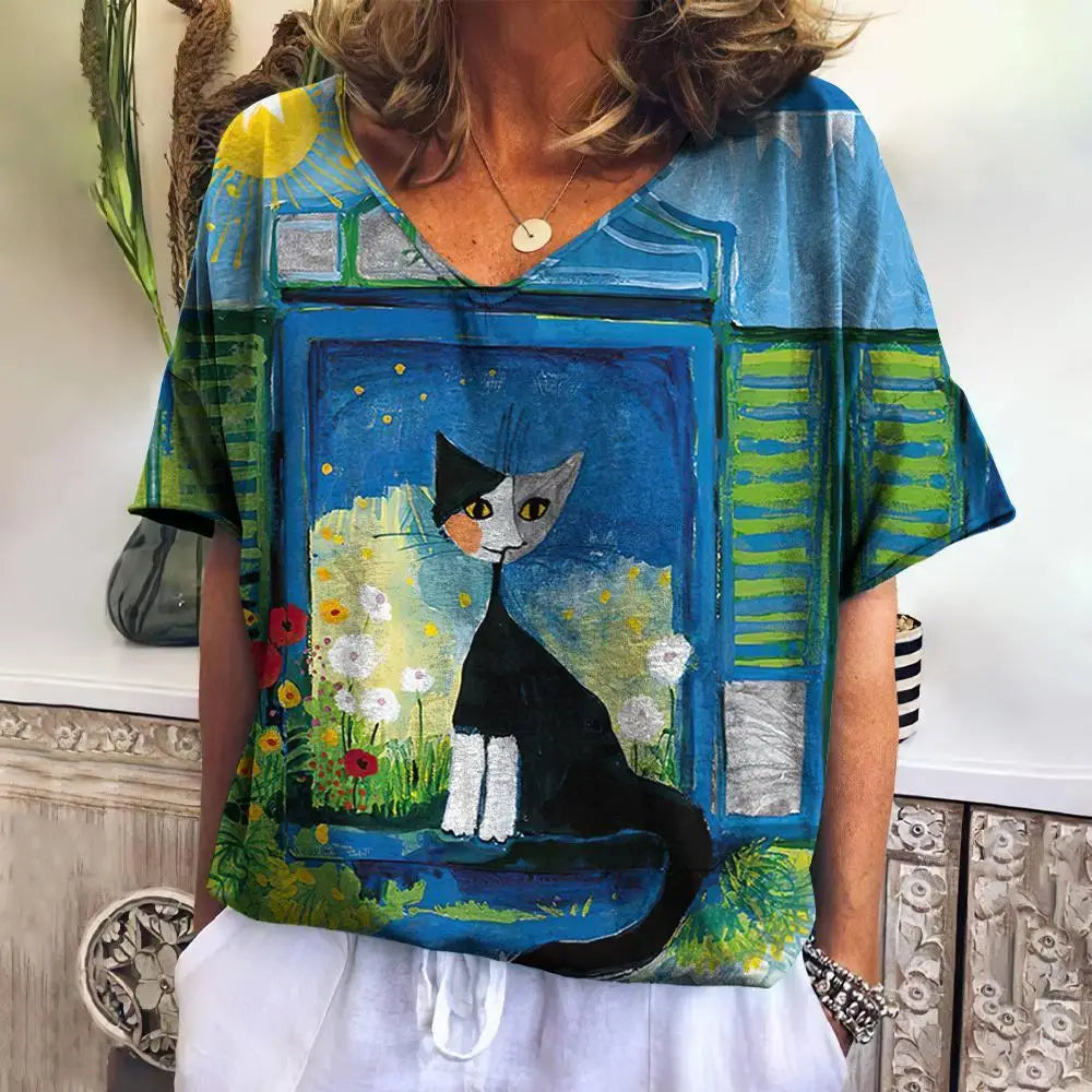 Women T Shirts Cartoon Cat Graphic Girls Clothing Large Size V Neck Short Sleeve Tee Summer Fashion Casual Female Clothing