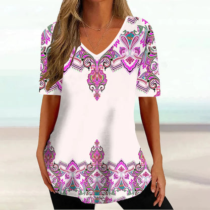 Wind Ladies V-neck T-shirt Summer Outdoor Casual Short Sleeve Tops Retro Street Flower Print OverSize Women's Clothing