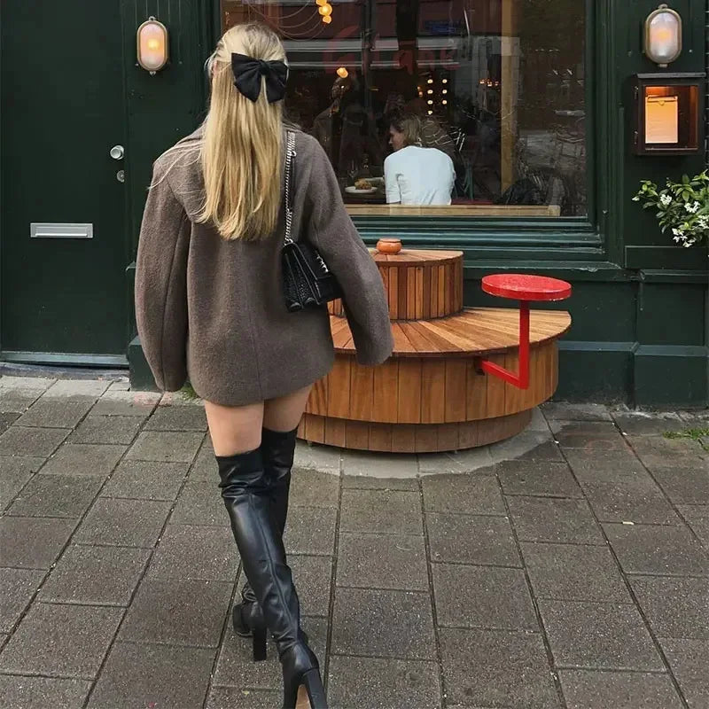 Women's Double Breasted Wool Coat Autumn Winter Fashion Lapel Long Sleeves Short Blazer Jacket Elegant Solid Warm Loose Outwear