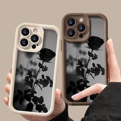 Minimalist Black Rose Pattern Phone Case For iPhone 17 16 15 14 Pro Max 13 12 11 XS X XR 8 Plus 16e 17 Air Shockproof Soft Cover