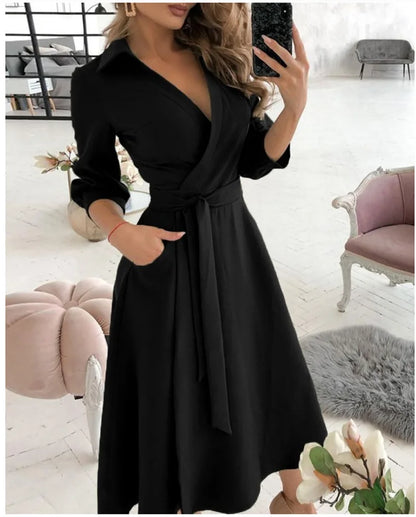 Office Ruched Dress Long-sleeved V-neck Red Black Blue Bag Hip Dress Women's Clothing Dress for Women
