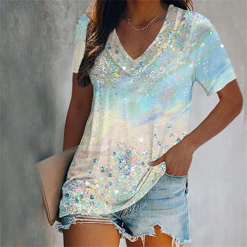 Colorful Tassels Print T-Shirt Fashion Women's Short Sleeve V-Neck T-Shirt Summer Casual Elegant Women's Large Size T-Shirt