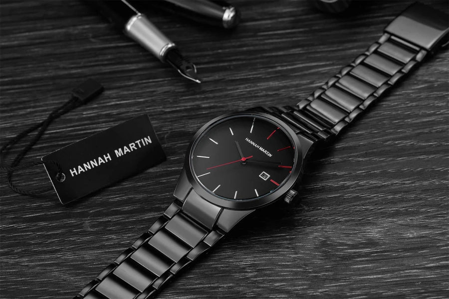 Hannah Martin Men's Stainless Steel Watch Fashion Business Style Black Minimalist Style 3Bar Waterproof Quartz Movement Watches