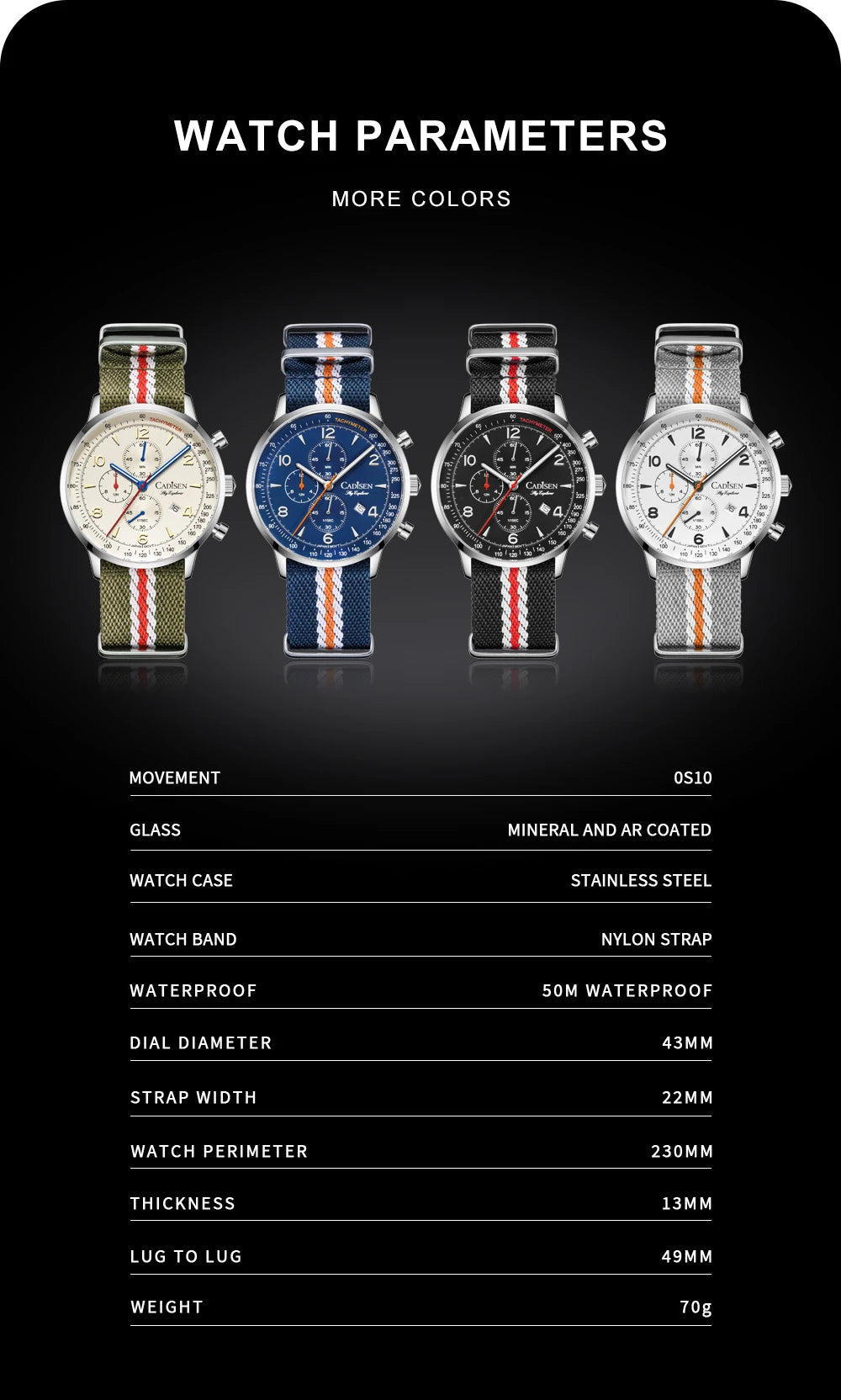 CADISEN New Men's Watches Top Luxury Quartz Watch For Men Canvas 0S10 Chronograph AR Mirror Waterproof Gift Men's Wristwatch