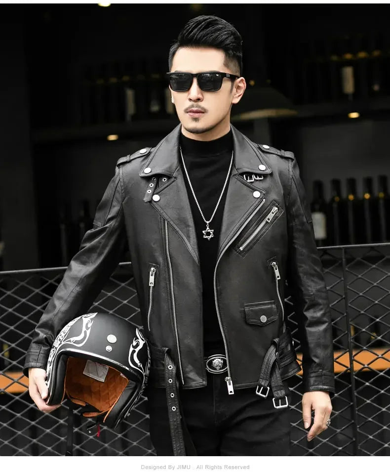 Spring Autumn Short Cool Black Leather Biker Jacket Men Zipper Long Sleeve Belt Plus Size European Fashion brand leather jackets