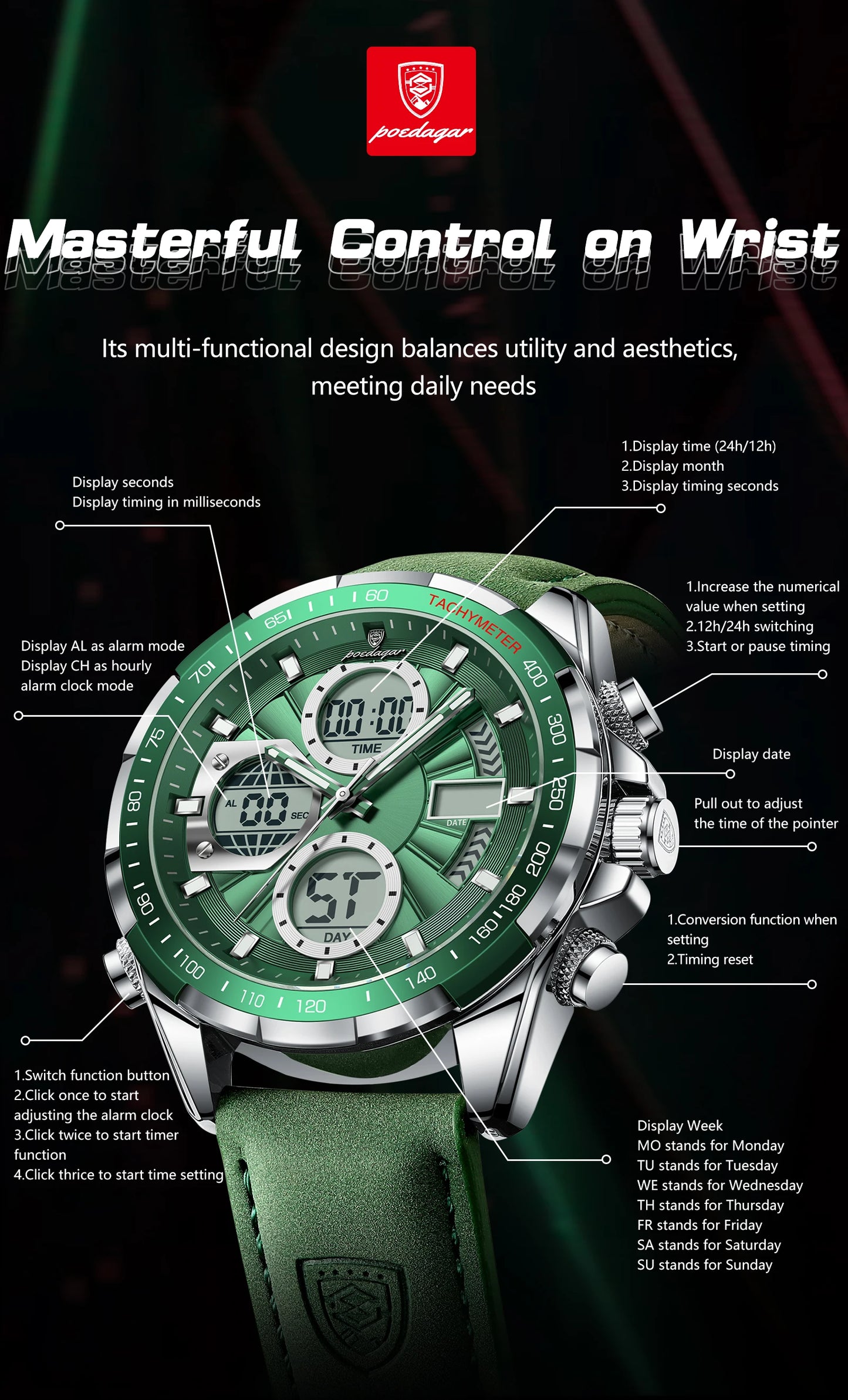 POEDAGAR LED Luxury Men Watch Luminous Week Date Dual Time Display Digital Man Clock Alarm Electronic Men's Quartz Watches Reloj
