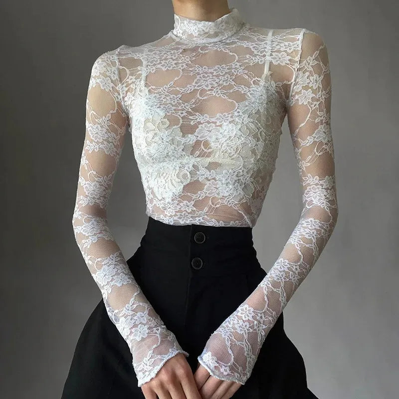 Lace Blouse Shirts Summer Women Turtleneck Long Sleeve See Through Lace Patchwork Thin Tops