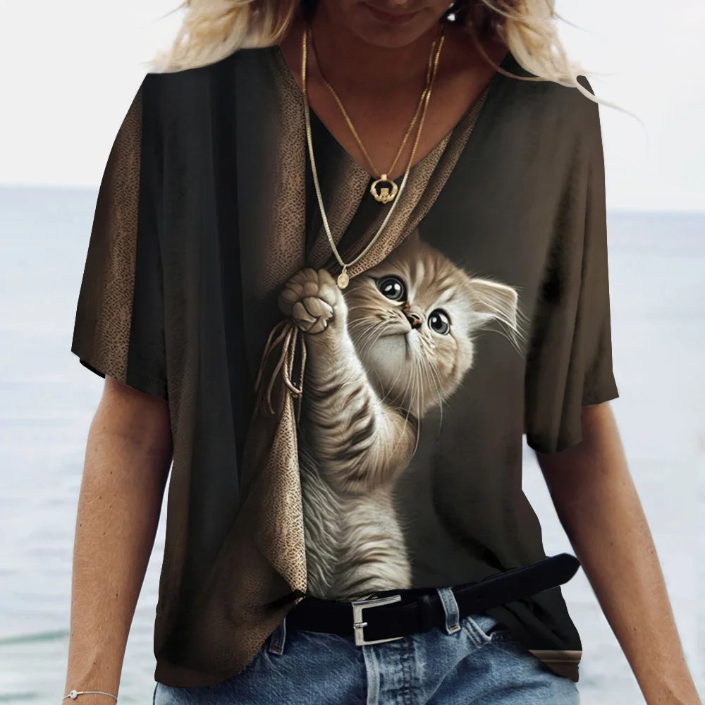 T-shirt Kawaii Cat Print 3D T Shirt Top Girls Y2k Clothing Summer Short Sleeve Tees V-neck Casual Holiday Female T-shirt