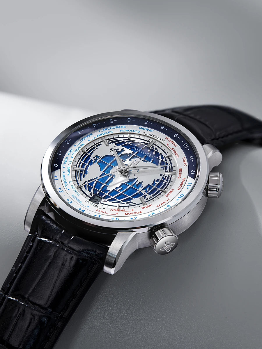 AGELOCER Original World Time Watch Men's Luxury Business Formal Automatic Mechanical Watch Birthday Gift for Men