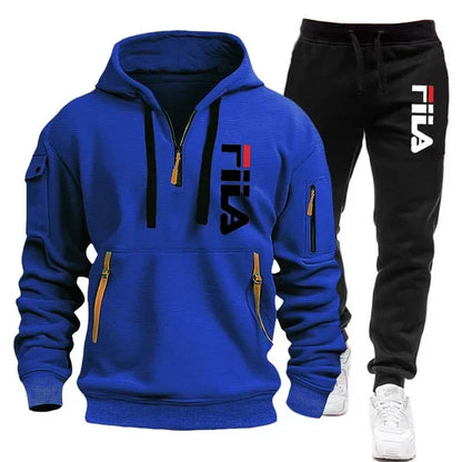 Autumn and Winter 2025 new men's hooded sweatshirt + pants two-piece set, outdoor multi-pocket men's pullover sportswear set