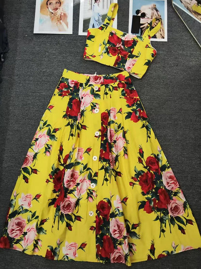 Elegant rose print sexy short tube top suspender top summer new female two-piece high waist pocket button big skirt fashion suit