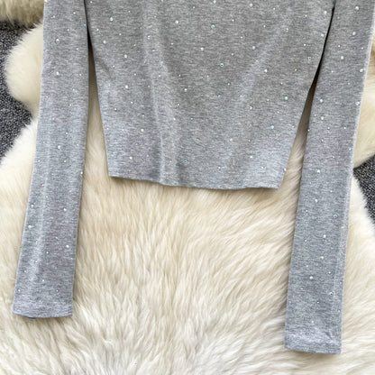 Long Sleeves Hotsweet O-neck Fashion Rhinestone Slim Top French Streetwear Sexy High Street Autumn Winter Women T-Shirts