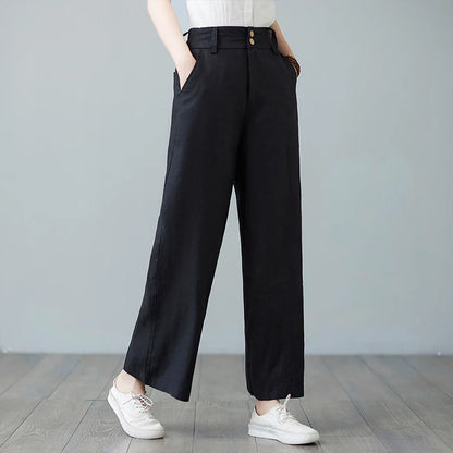 High Waist Wide Leg Cotton Linen Workwear Pants Women Loose Casual Straight Long Trousers Summer Faion plus Size All Match