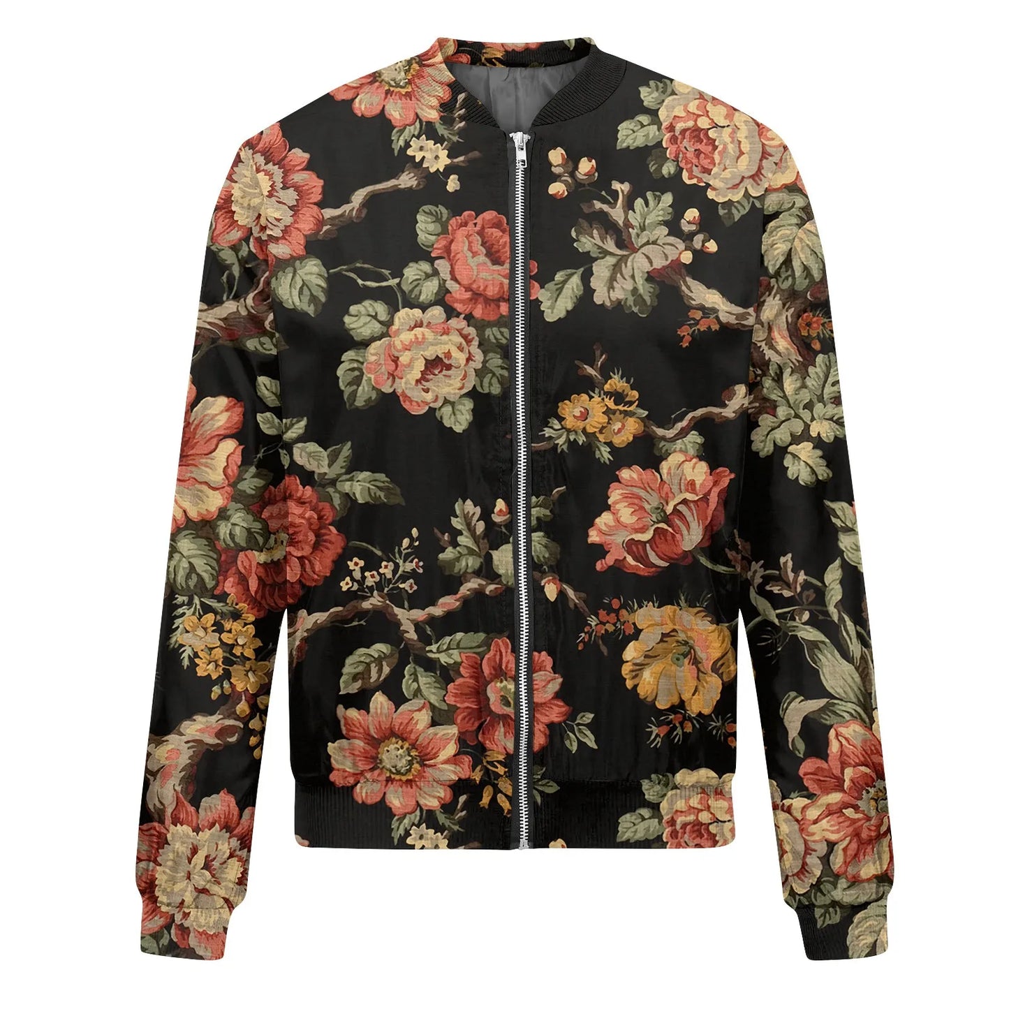 Women Elegant Zipper Bomber Jackets Spring Autumn Floral Printed Jackets Casual Coat Retro Outwear  Round Neck Zipper Jackets
