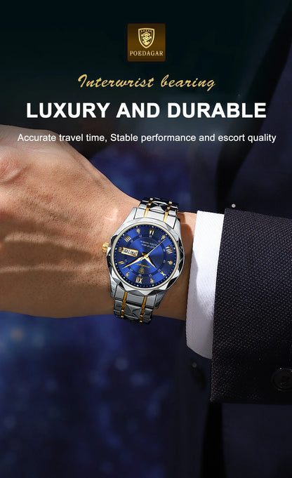 POEDAGAR Business Luxury Men's Watches Waterproof Stainless Steel Luminous Man Wristwatch Date Week Sport Men Quartz Watch Reloj