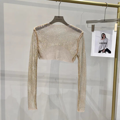 Bright diamond short top Slim thin Ms. hot drill long-sleeved T-shirt sexy leak waist nightclub