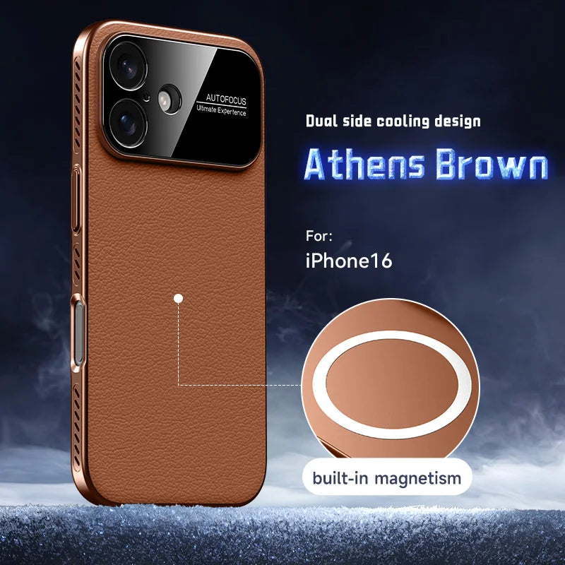 Luxury Ultra Thin Solid Color Leather Heat Dissipation Magsafe Phone Case for iPhone 17 16 15 14 Pro Max Light Grip Bumper Shell