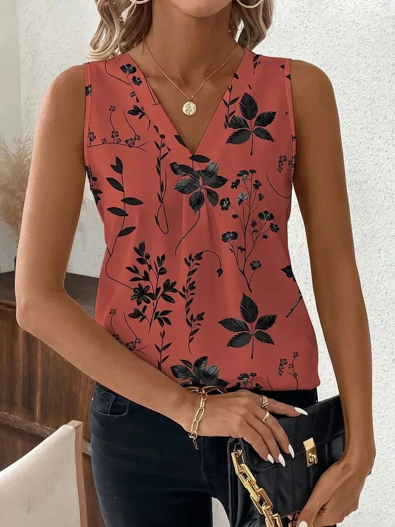 V-neck Vest New Fashion Plant Printed Sleeveless Top Pullover Simple Basic T-shirt