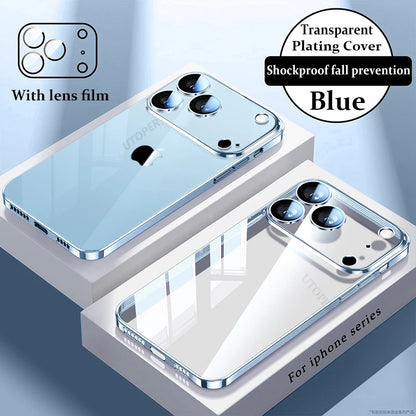 Plating Transparent with Lens Film Case for iPhone 17 Air 17 16 15 14 13 12 11 Pro Max Plus Anti-fall Damping Cover