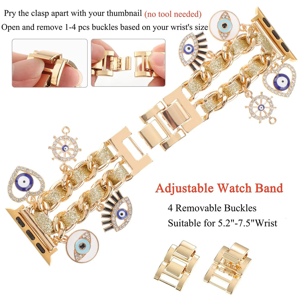 Stylish Metal Charms Watch Strap Compatible with Apple Watch Bands 38/40/41/42/44/45/49mm Replacement Strap with Unique Pendants