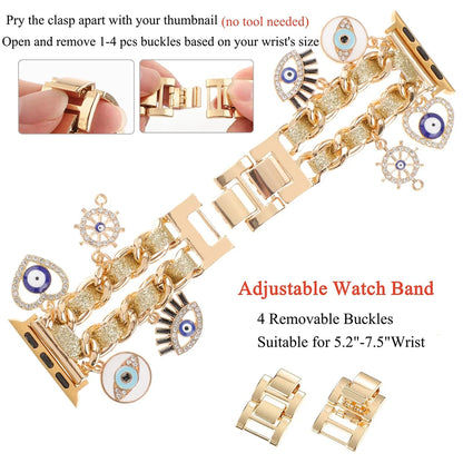 Stylish Metal Charms Watch Strap Compatible with Apple Watch Bands 38/40/41/42/44/45/49mm Replacement Strap with Unique Pendants