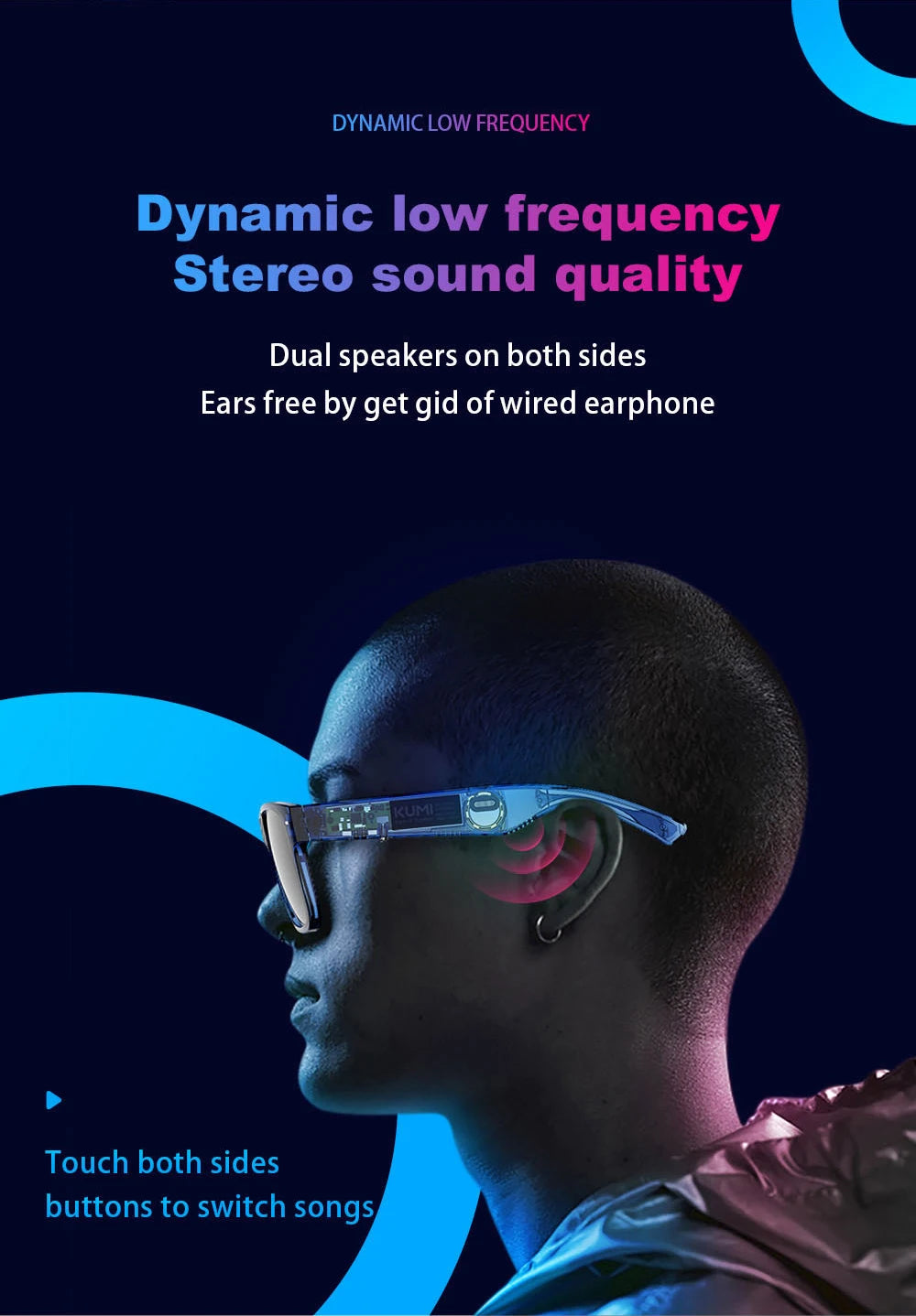 KUMI Meta V1 Smart Glasses IPX4 Waterproof Bluetooth glasses Bluetooth Call 5.0 listen to the music last for about 8 hours Blue