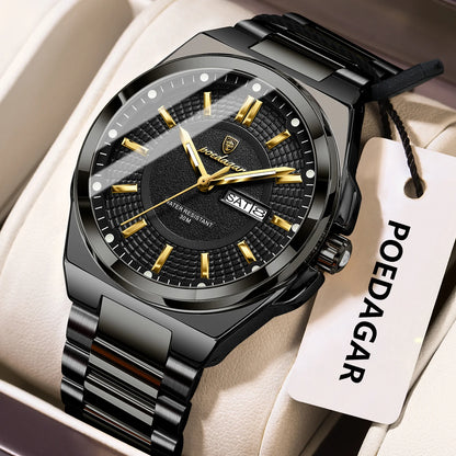 POEDAGAR Sport Original Men Clock Quartz Date Week Luxury Man Wristwatch Waterproof Luminous Stainless Steel Men's Watches Reloj