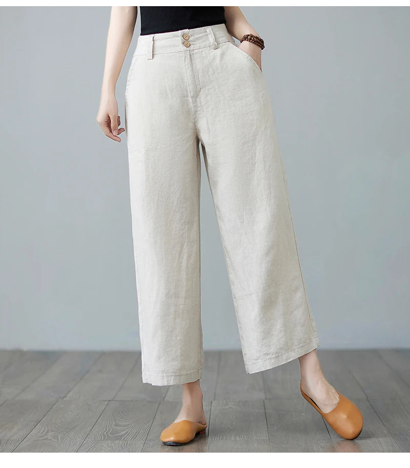 High Waist Wide Leg Cotton Linen Workwear Pants Women Loose Casual Straight Long Trousers Summer Faion plus Size All Match