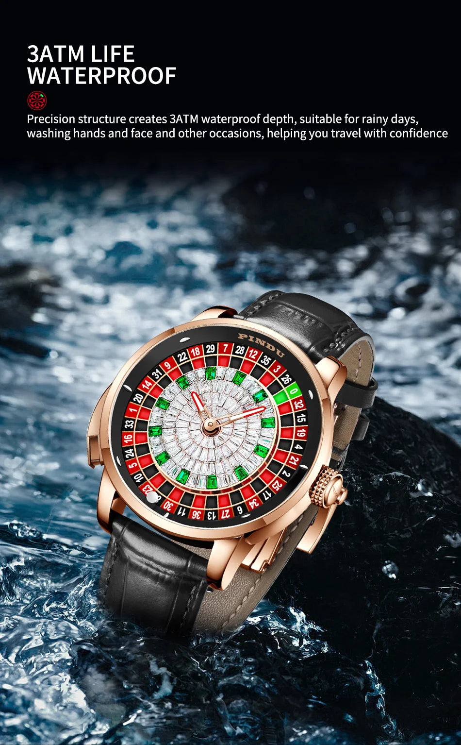 PINDU Player Series Mechanical Watches for Men European Roulette Game Dial Automatic Movement Funny Design Party  Watch