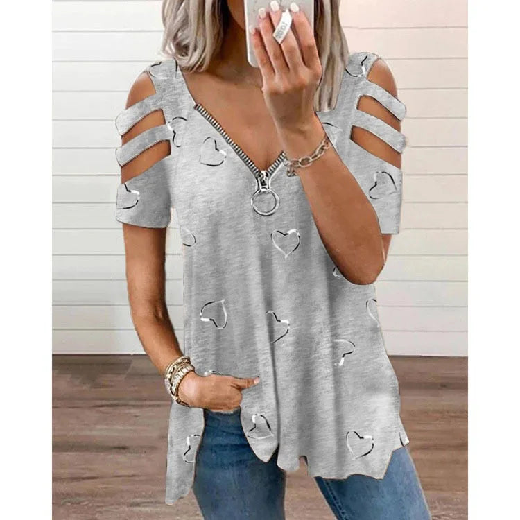 T Shirt for Women Print Top V Neck Short Sleeves Hollow Out Zipper Vintage Streetwear Spring Summer Office Lady 2025 Tees Tops