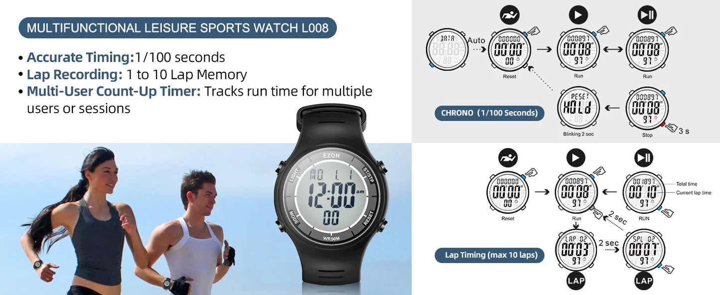 EZON Digital Sports Watch L008D, Waterproof Sports watch with Interval Timer/Chronograph/Lap Timing/Alarm for Men and Women